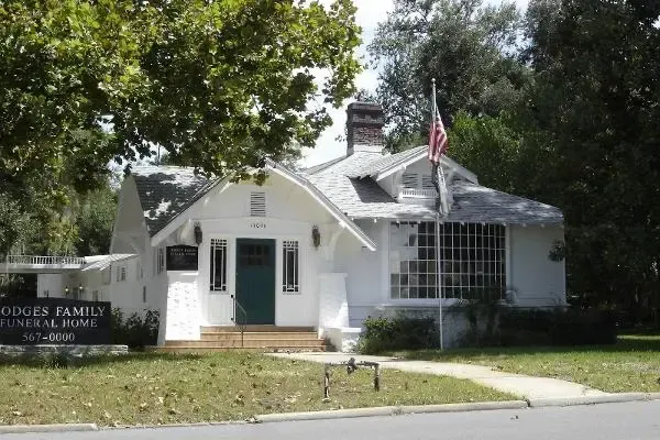 A fountain in a park with palm trees in the background