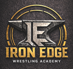Iron Edge Wrestling Academy logo with silver IE emblem and gold text on dark textured background