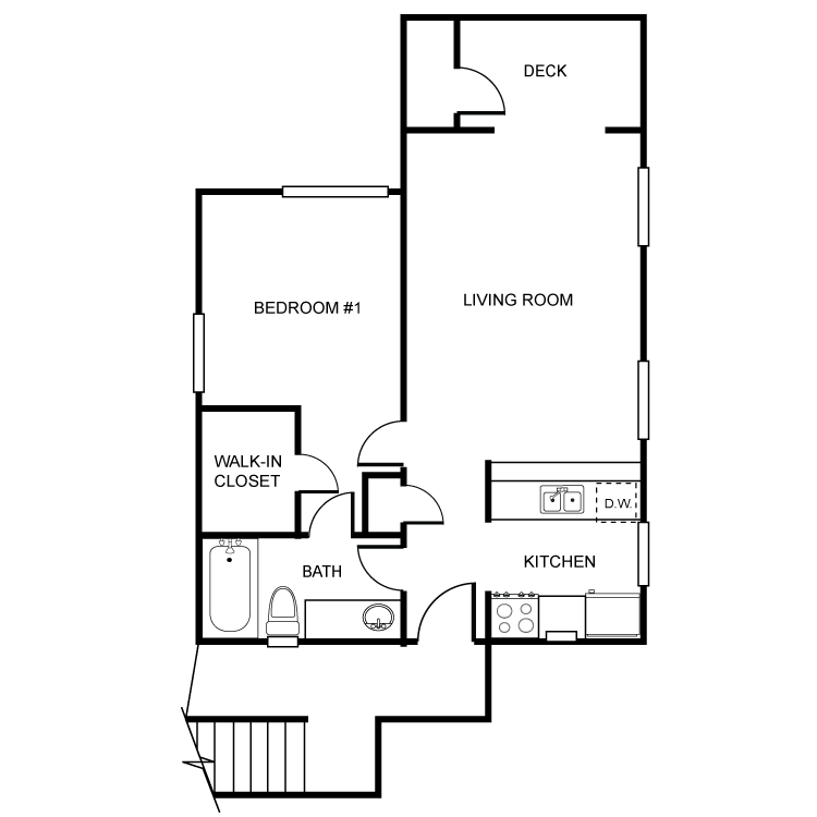1 bedroom 1 bathroom floor plan; plan A