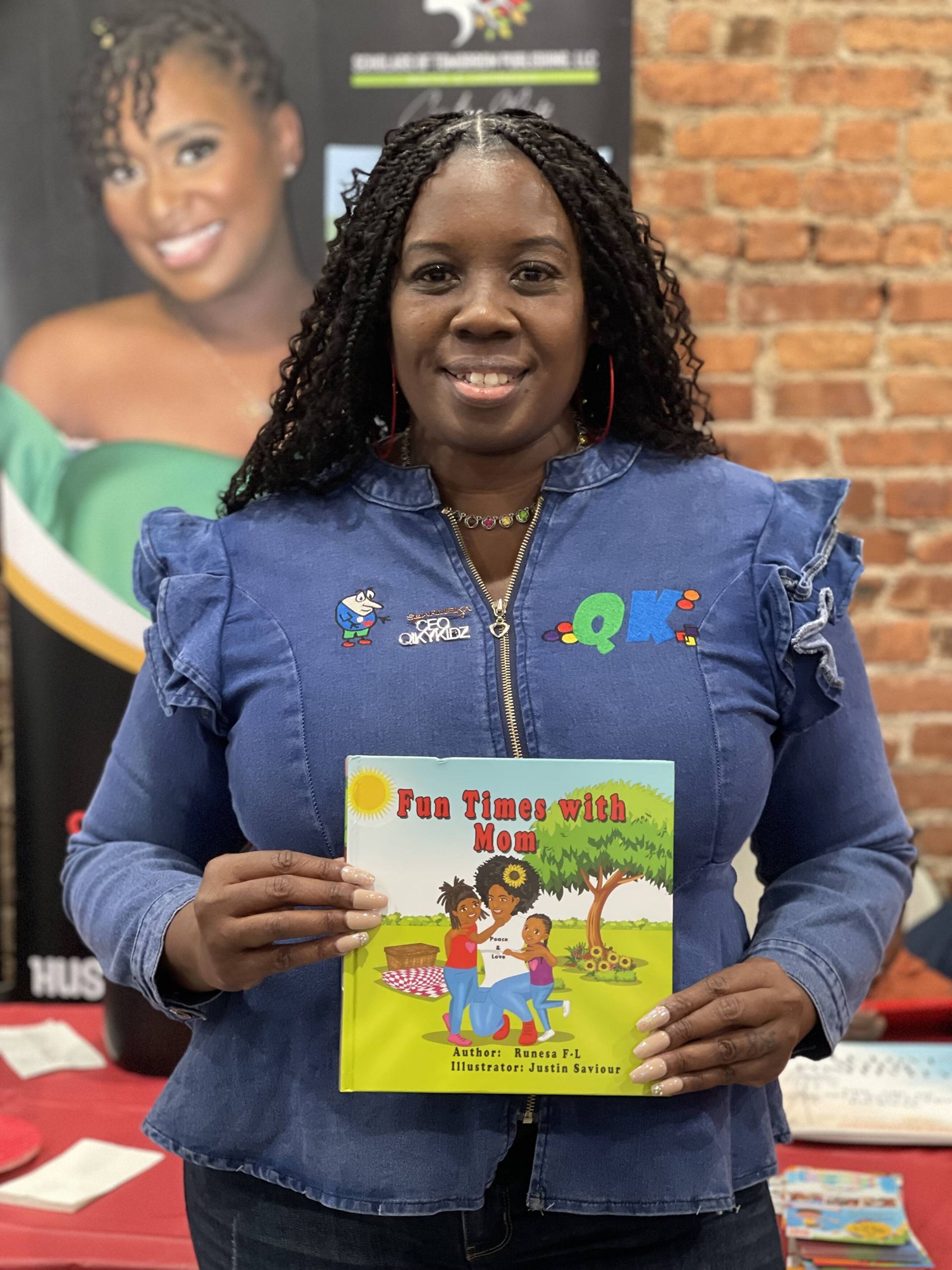 Woman holding a book titled 