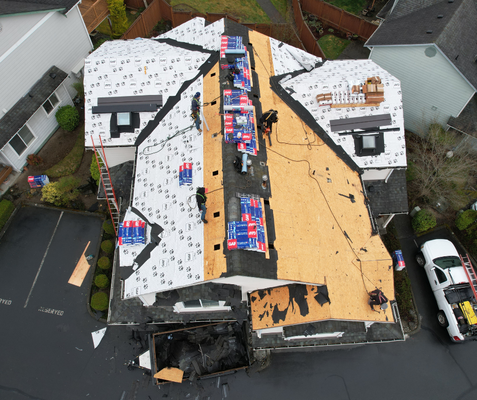 An aerial view of a house that is being remodeled