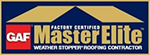 The logo for gaf master elite weather stopper roofing contractor