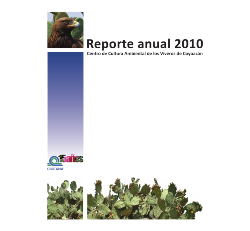 Portada de “Reporte anual 2010” con fondo blanco, franja azul y fotos de plantas y un ave.