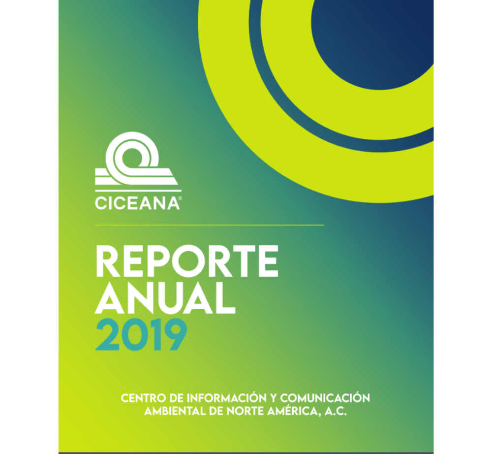 Portada de “Reporte Anual 2019” de CICEANA, fondo verde y azul con círculo amarillo.