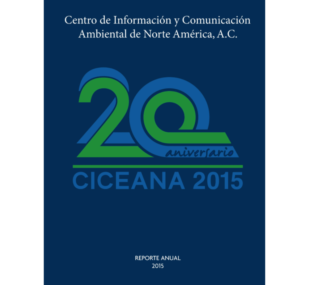 Portada azul del informe anual 2015 de CICEANA con logo “20 aniversario” en verde y azul.