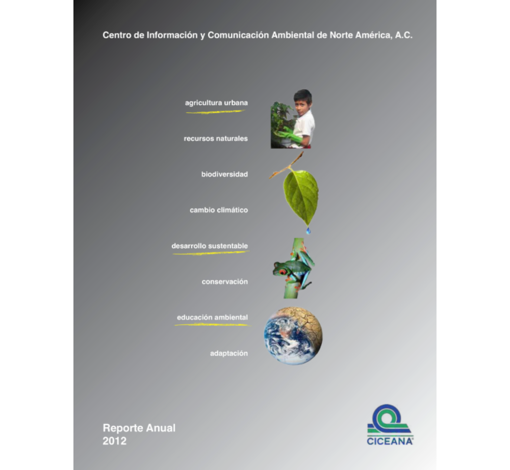 Portada del informe anual con fondo degradado gris, montaje flotante de hojas y tierra, y logotipo de CICAÑA.