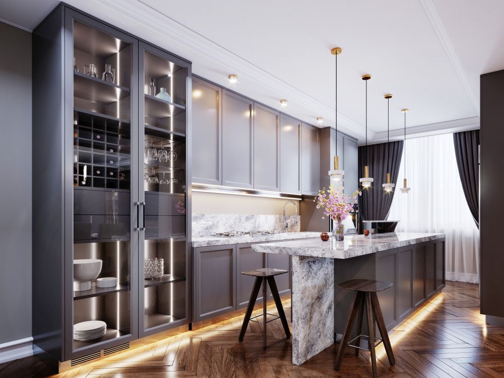 Modern kitchen with gray cabinets and a marble counter top in Union City CA kitchen remodel.