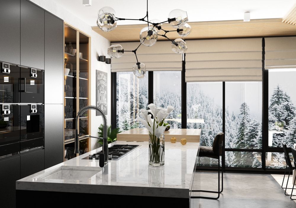 Kitchen with a large island in the middle of it and a large window in Union City CA kitchen remodel.