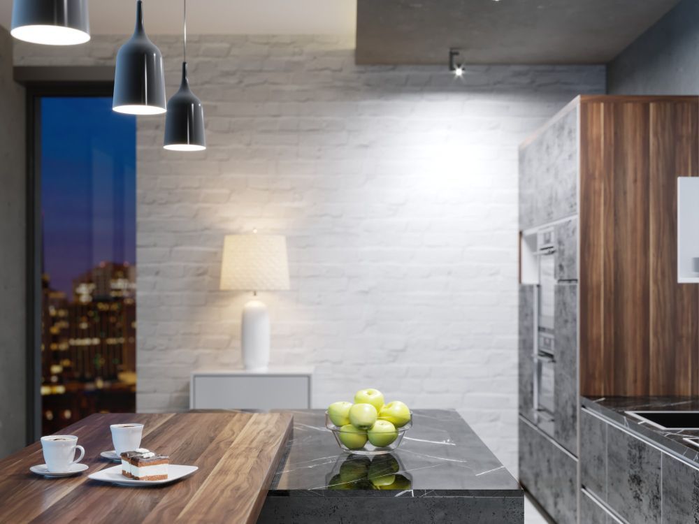 Kitchen with a table and a bowl of apples in it in Union City CA kitchen remodel.