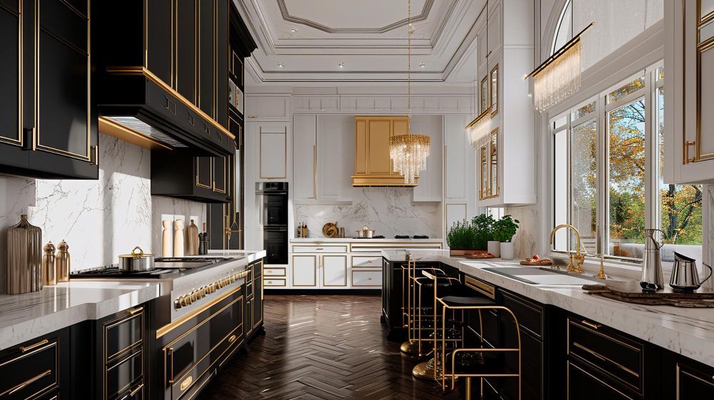Kitchen with black cabinets and gold trim and a large window in Union City CA kitchen remodel.