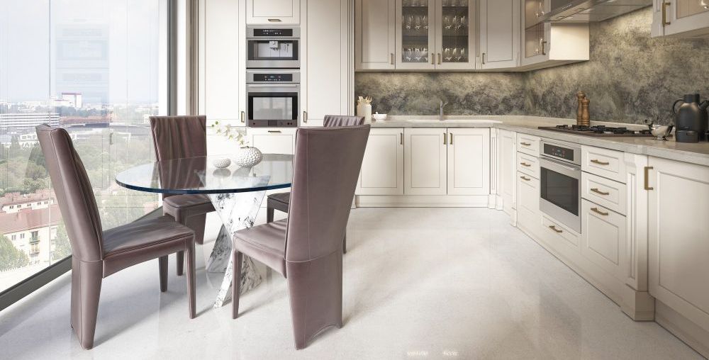 Kitchen with white cabinets, marble countertops, a sink and a window in Union City CA kitchen remodel.