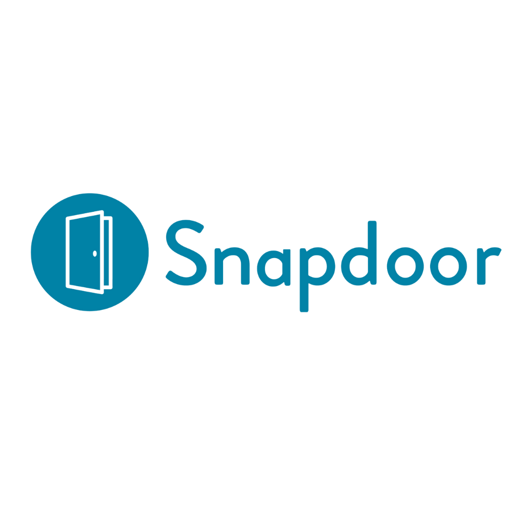 Snapdoor logo: Teal circle with open door icon, teal text 
