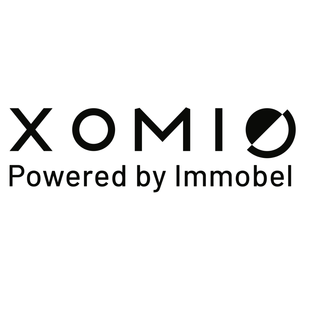 Xomio logo, black text. 
