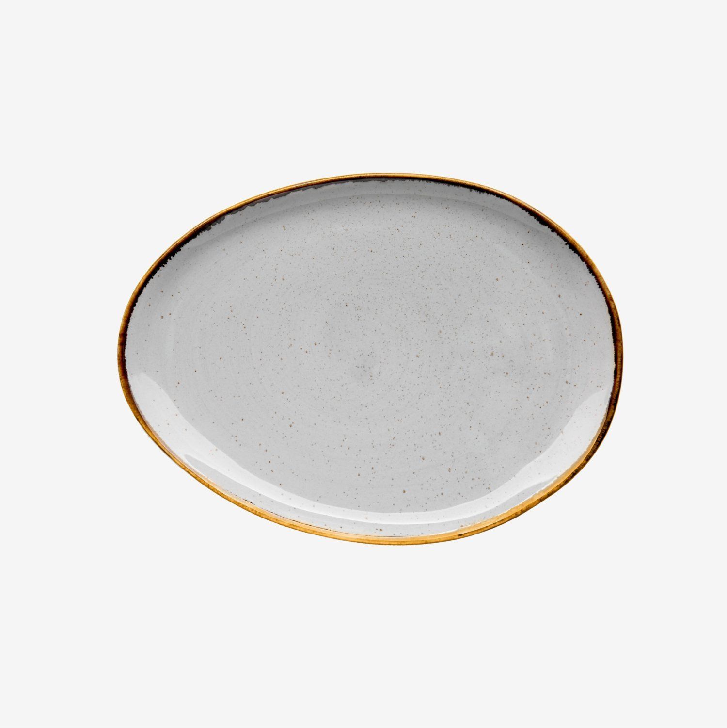 Oval-shaped gray plate with a textured surface and gold-colored rim, set against a white background.