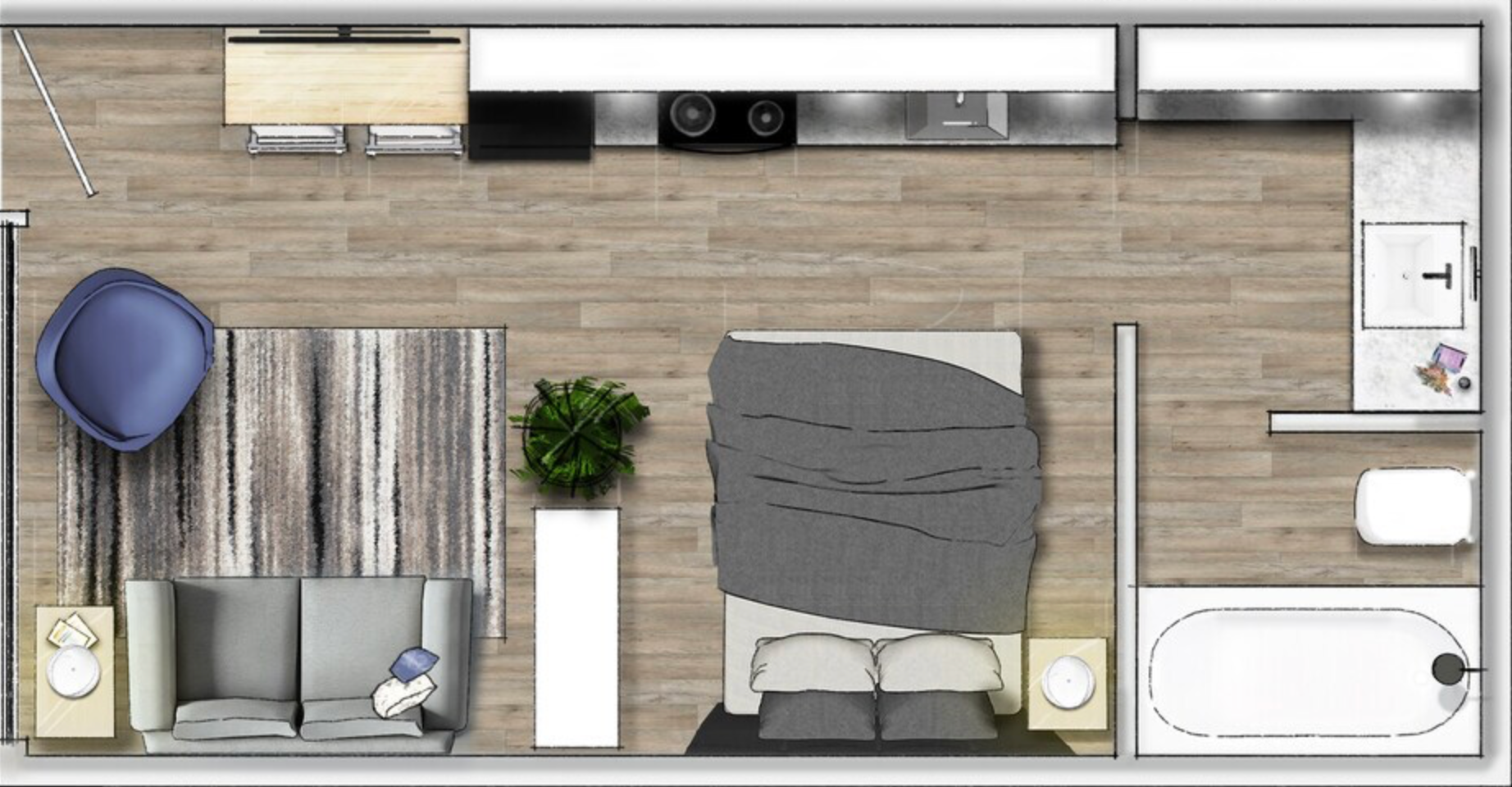 A floor plan of a small apartment with a bedroom , living room , and bathroom.
