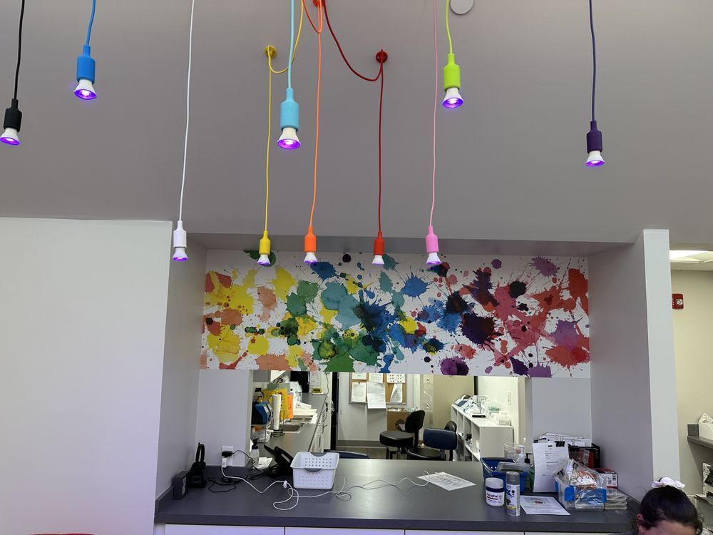 A bunch of lights hanging from the ceiling in a room