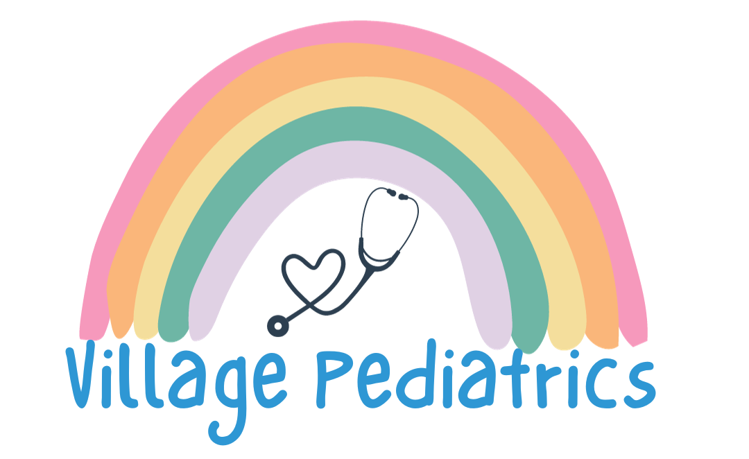 a logo for village pediatrics with a rainbow and a stethoscope .