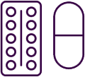 a line drawing of a blister pack of pills and a capsule 