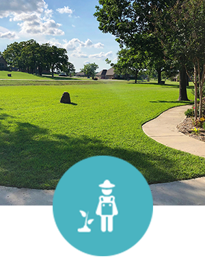 A man in a hat is planting a plant in a grassy field