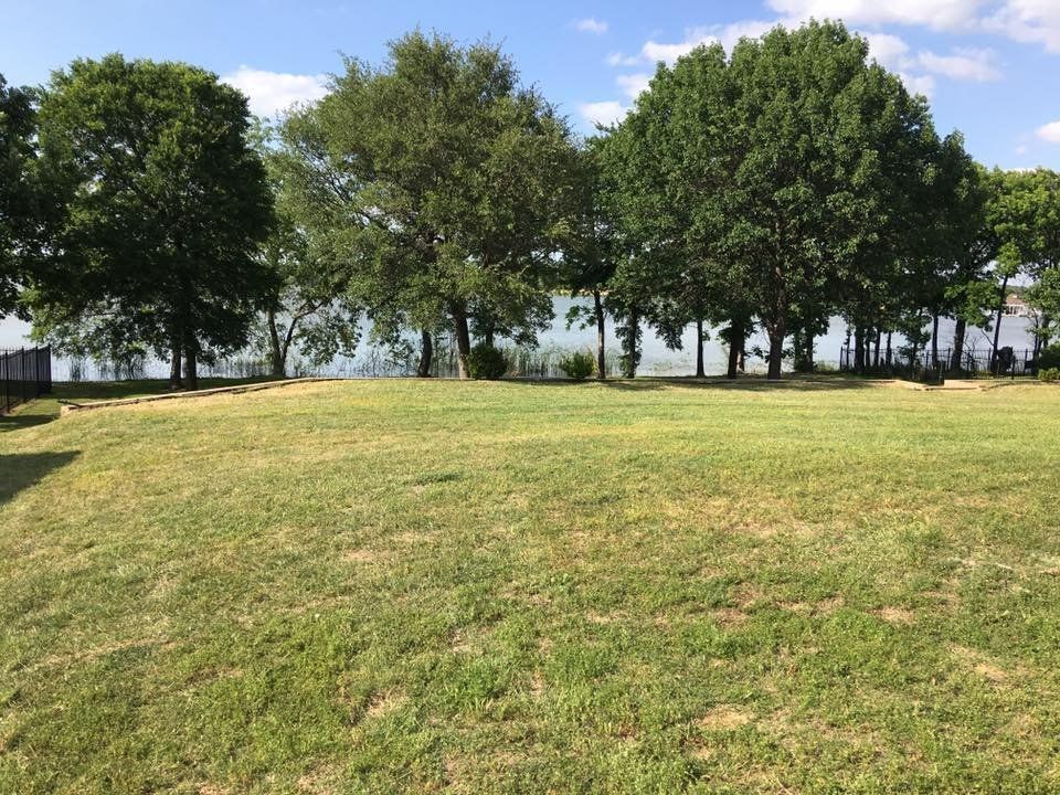 A lush green field with trees and a lake in the background