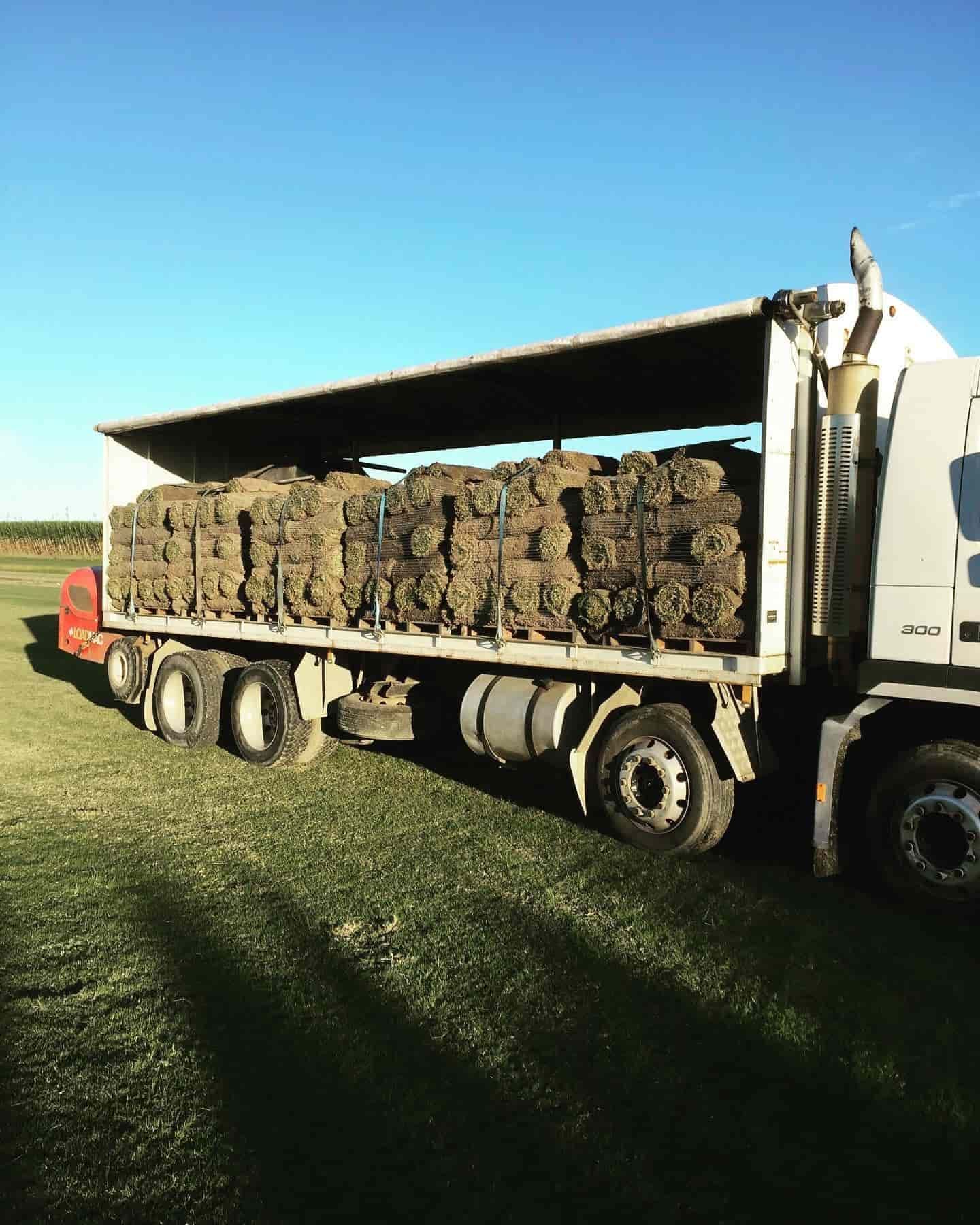 A Truck Filled With Hay is Parked in a Grassy Field — Turf Central In Chelona, QLD