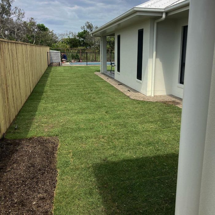 A Side Yard with Fresh Green Grass, a Light-Colored House on The Right — Turf Central In Chelona, QLD
