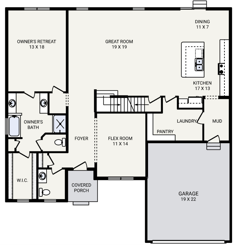A black and white floor plan of a house with a garage.