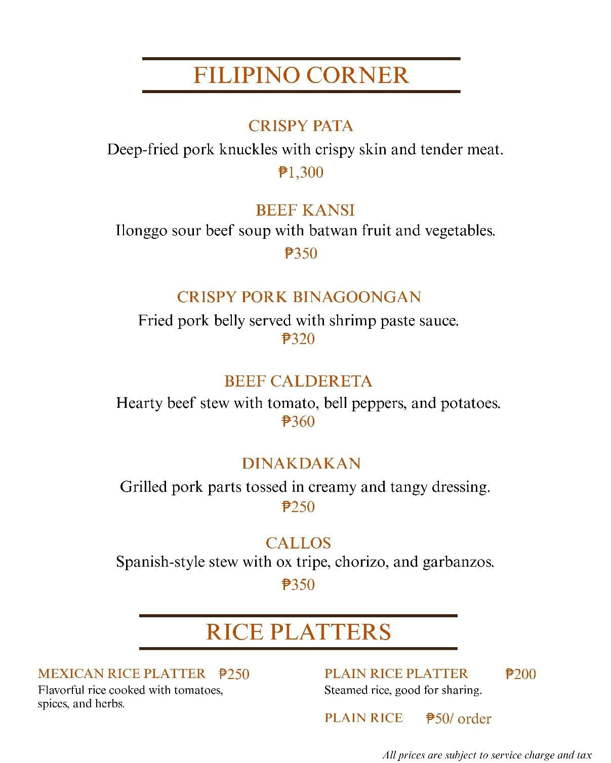 Menu with Filipino dishes including Crispy Pata and Beef Caldereta.