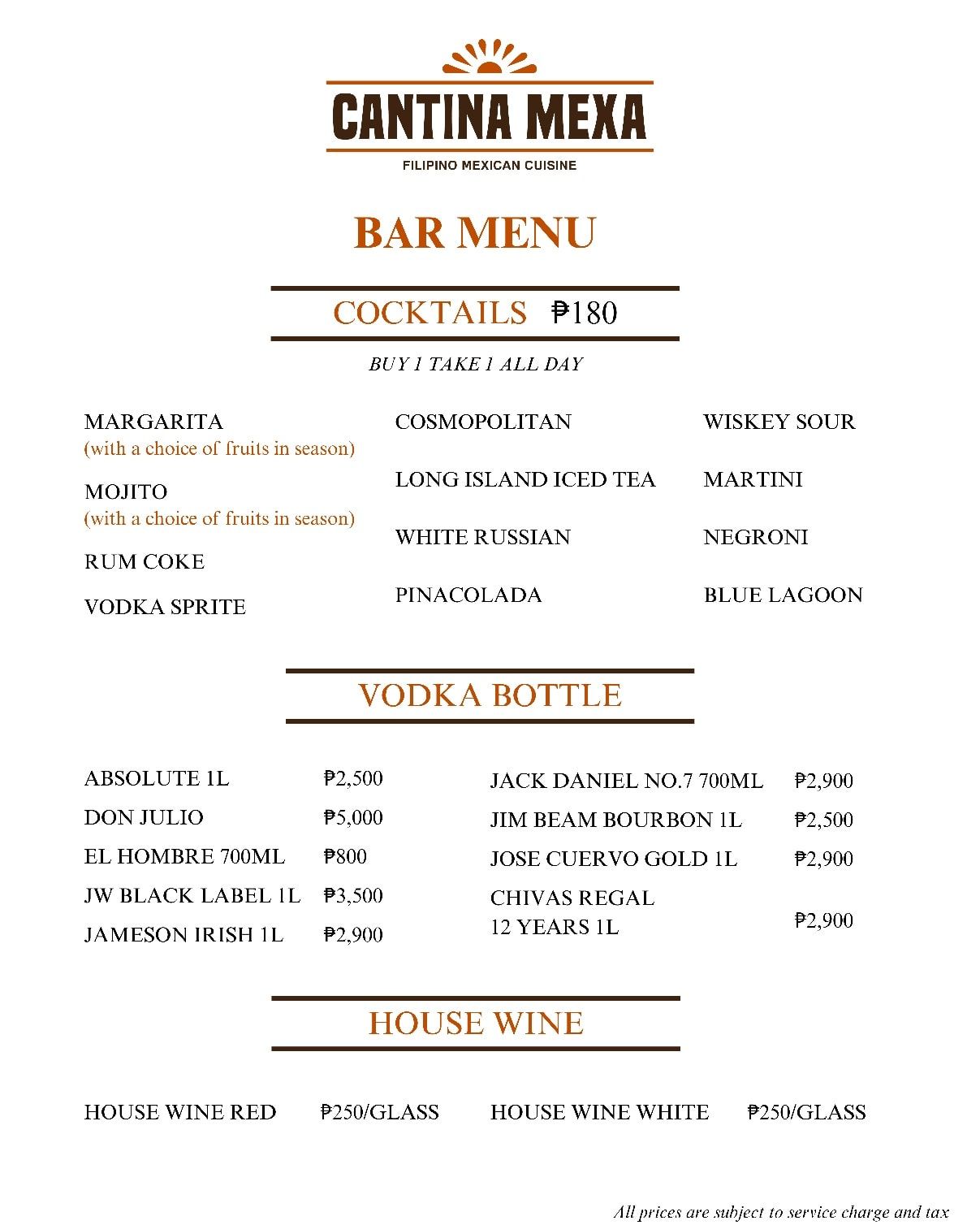 Menu from Cantina Mena with cocktails, vodka bottles, and house wine prices.