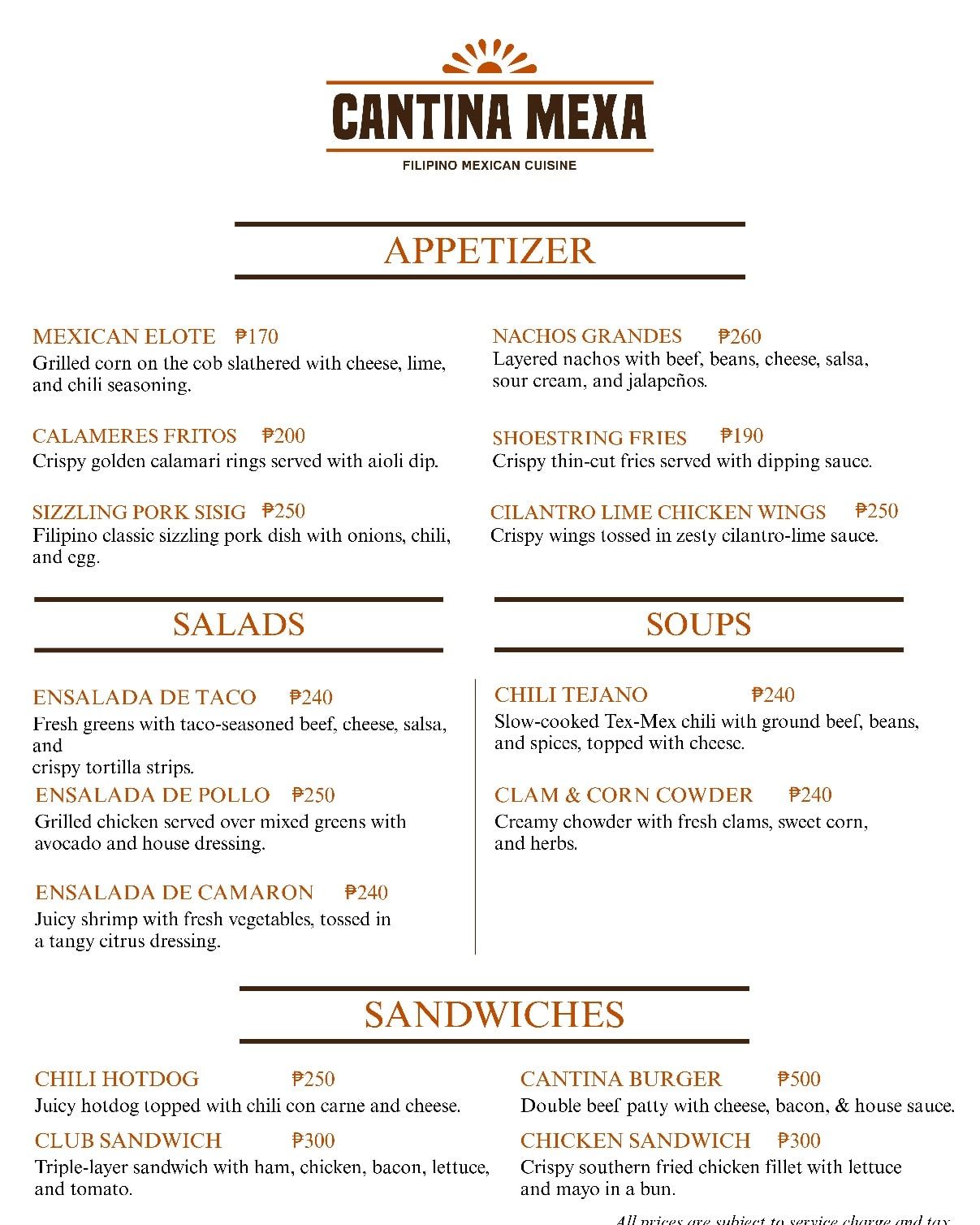 Cantina Mena restaurant menu with appetizer, salad, soup, and sandwich options listed.
