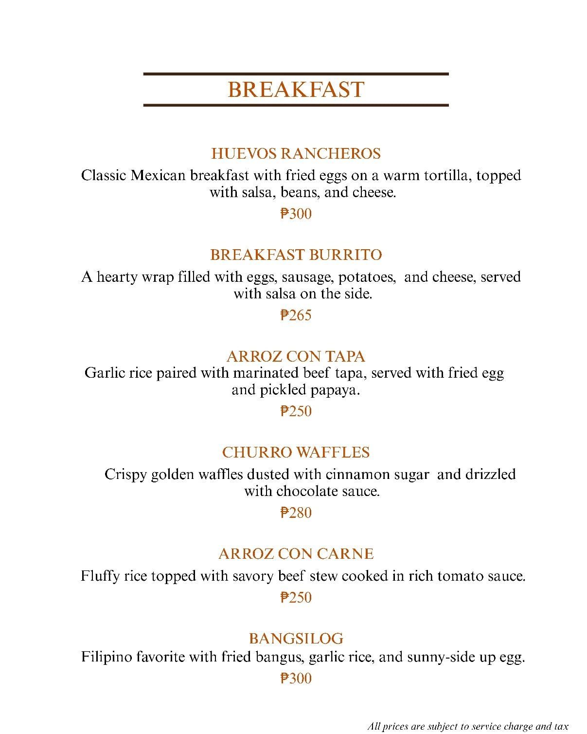 Breakfast menu with dishes like Huevos Rancheros, Breakfast Burrito, and Arroz con Tata.