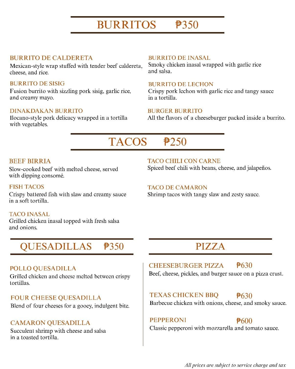 Menu of Mexican food: burritos, tacos, quesadillas, and pizza with prices in a brown and white color scheme.