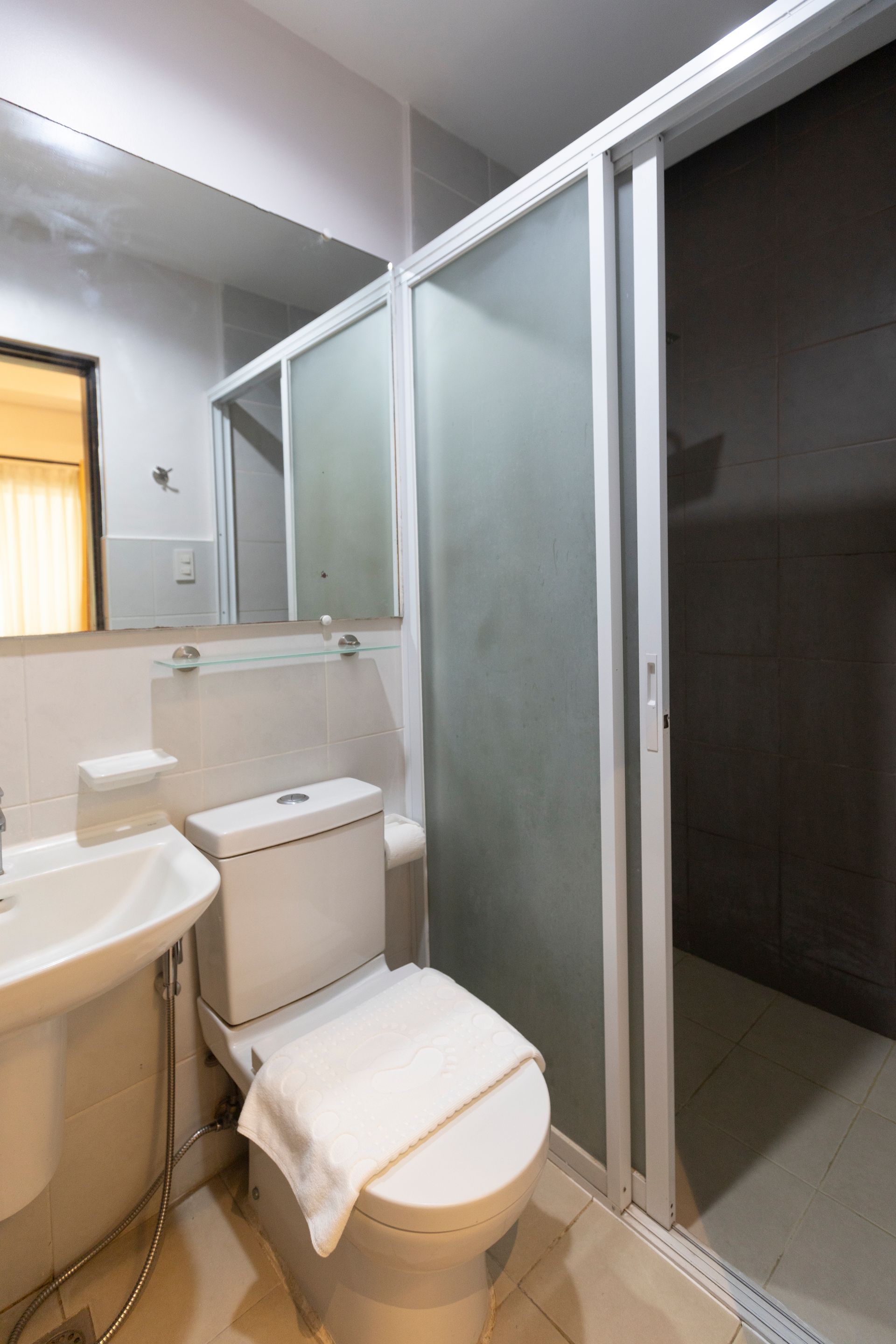 Bathroom with a toilet, sink, mirror, and a frosted glass shower door. White and gray tones dominate.