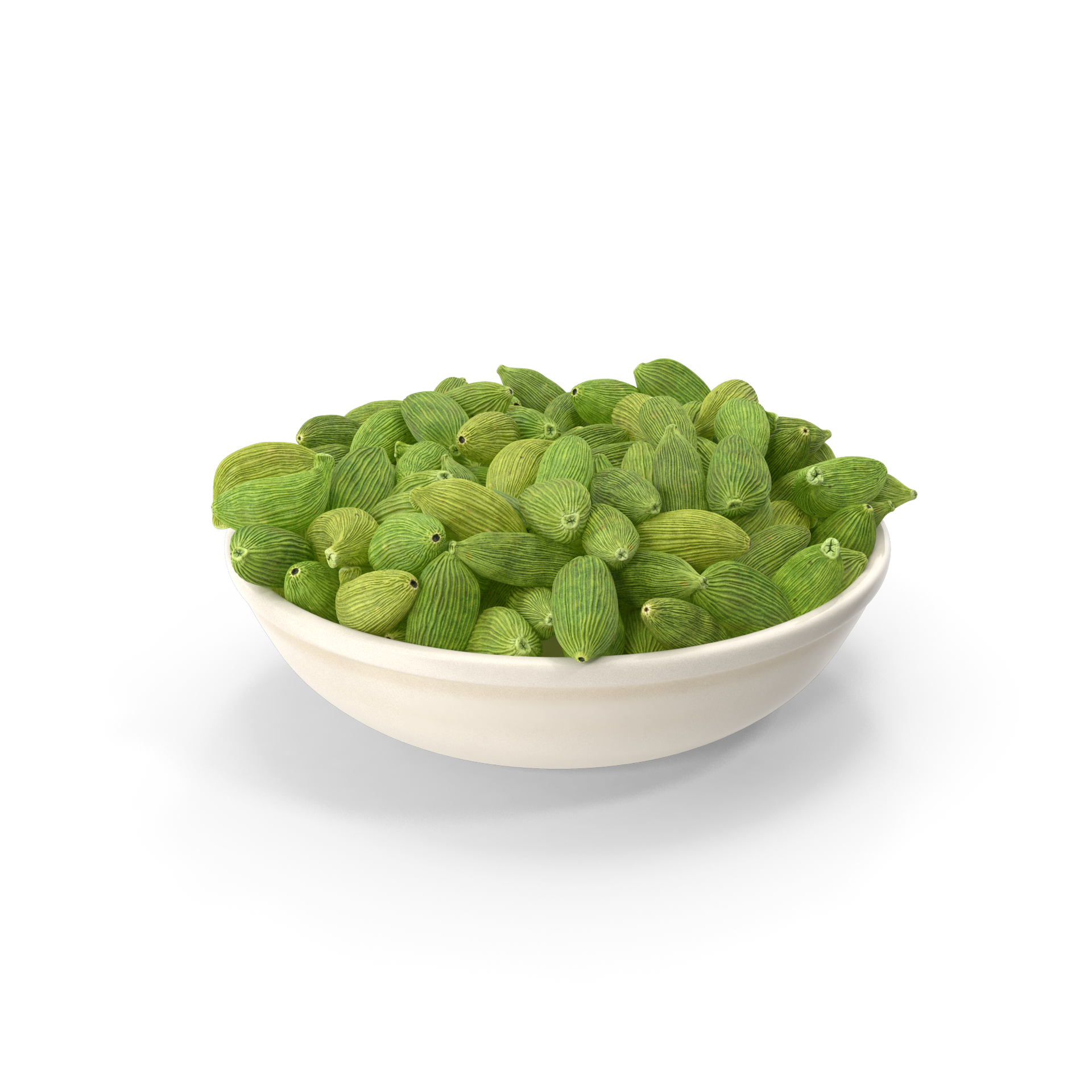 una ciotola bianca piena di gombo verde su sfondo bianco.