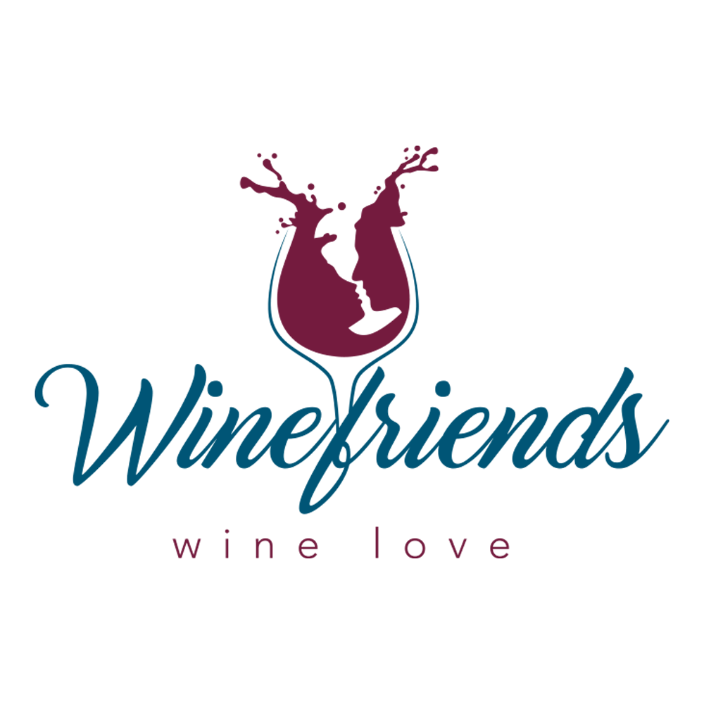 un logo per gli amici del vino, l'amore per il vino con un bicchiere di vino