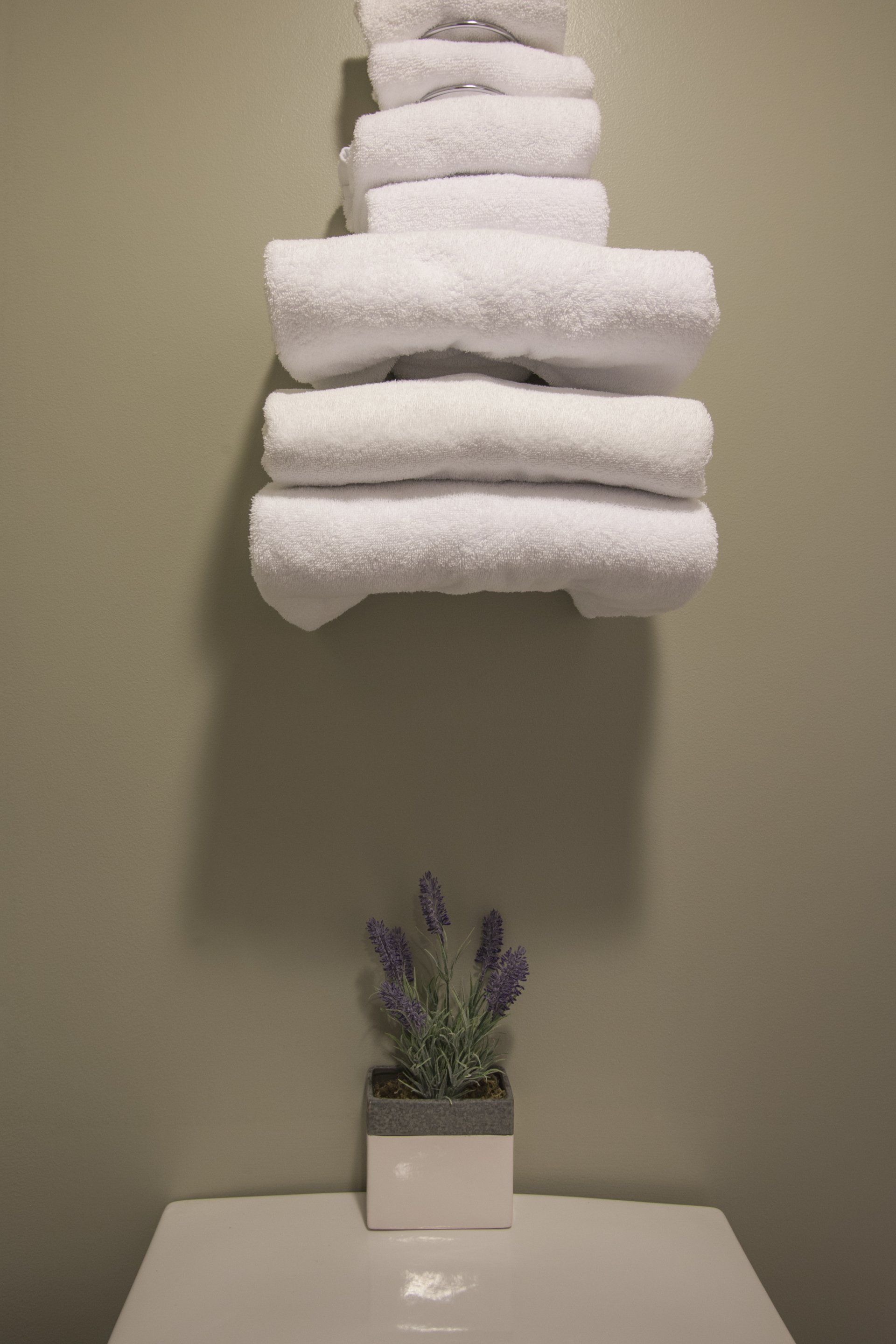 White towels stacked above the toilet with a purple plant below them