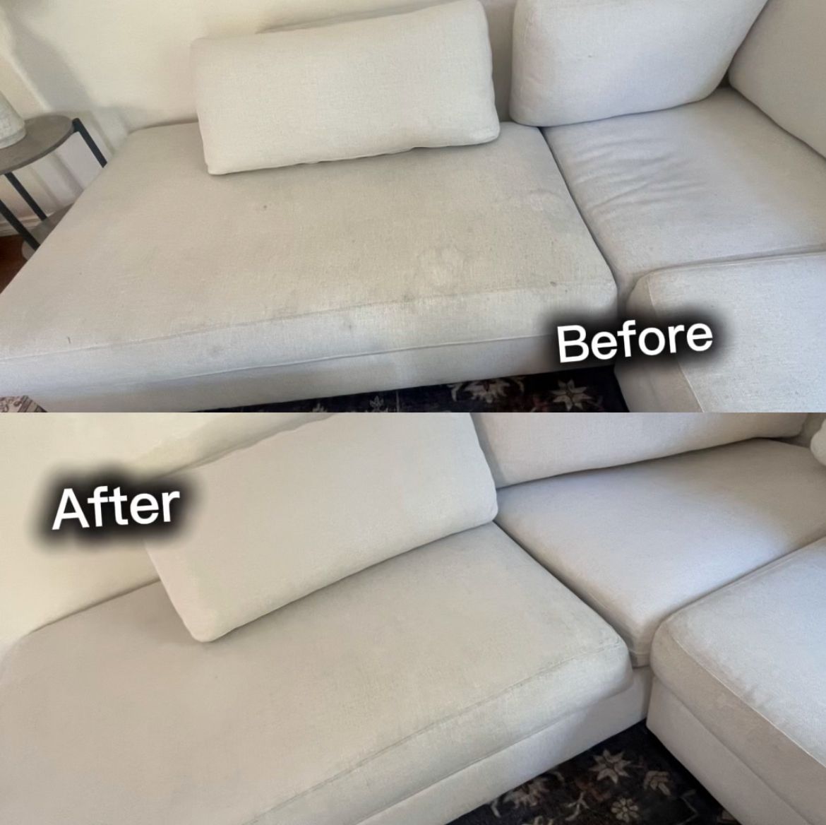 A split-screen comparison showing a light-colored sofa before and after professional cleaning, highlighting dirt removal.