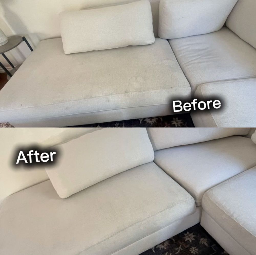 A split-screen comparison showing a light-colored sofa before and after professional cleaning, highlighting dirt removal.