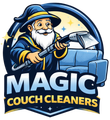 A logo showing a smiling wizard using a vacuum wand to clean a blue couch, with the text "MAGIC COUCH CLEANERS."