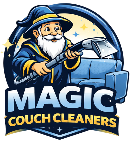 A logo showing a smiling wizard using a vacuum wand to clean a blue couch, with the text "MAGIC COUCH CLEANERS."