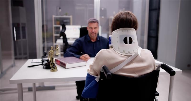 Man in suit interviewing person in wheelchair with neck brace and arm sling.