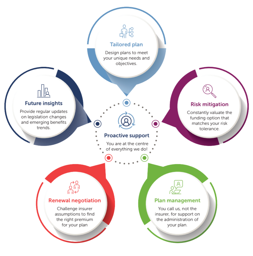Diagram of services: Tailored plan, risk mitigation, plan management, renewal negotiation, and future insights.