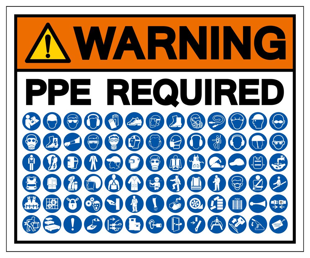 Warning sign: PPE REQUIRED, orange header, various safety icons in blue circles.