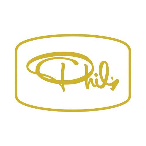 A gold logo for phil 's is on a white background