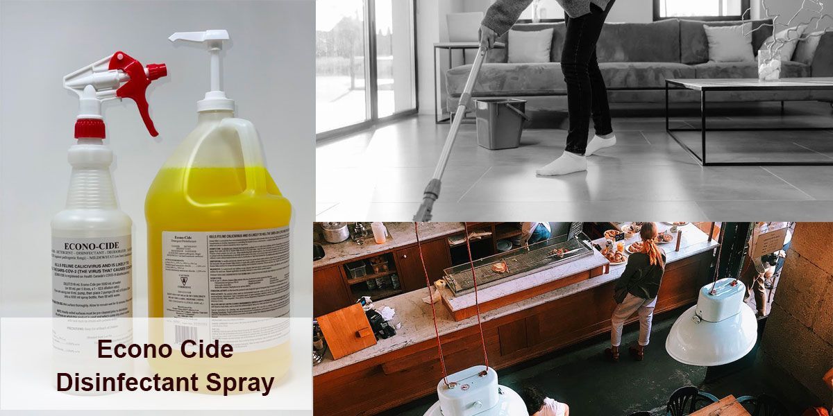 econo cide disinfectant spray next to an image of a restaurant and a some cleaning the floor