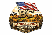 Logo for BC Landscaping & Hardscapes featuring cavemen working on a stone ground with an American flag above the text.