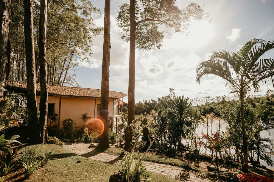 A house in the middle of a forest next to a body of water.