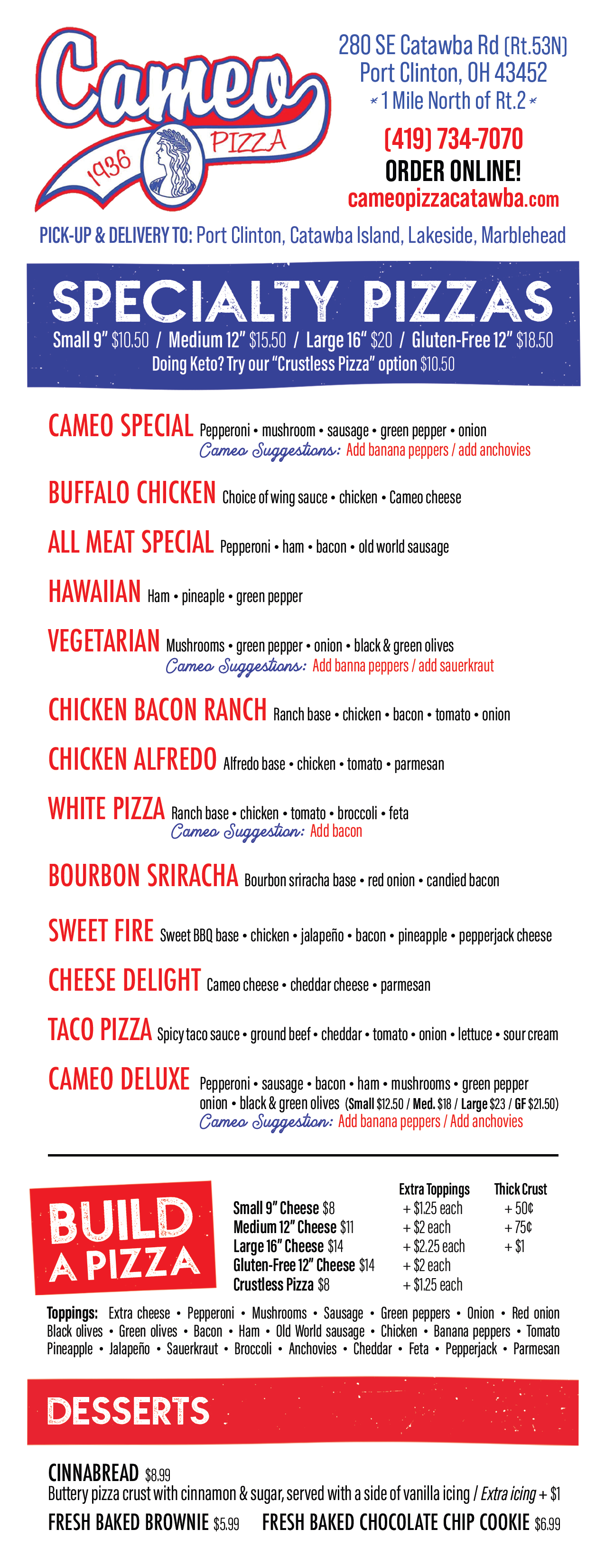 CarryOut Menu [Cameo Pizza] Catawba/Port Clinton, Ohio