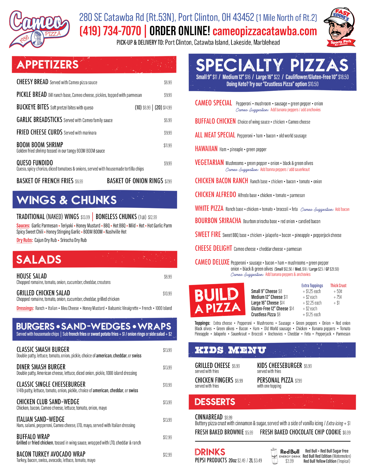 Cameo's Delivery/Carry-Out Pizza Menu - Catawba/Port Clinton, Ohio