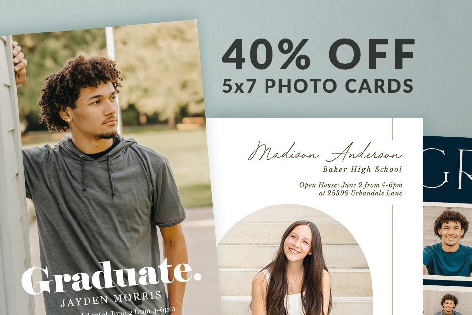 Hands holding two graduation open house cards - 20% OFF Grad Cards thru 4.27.25